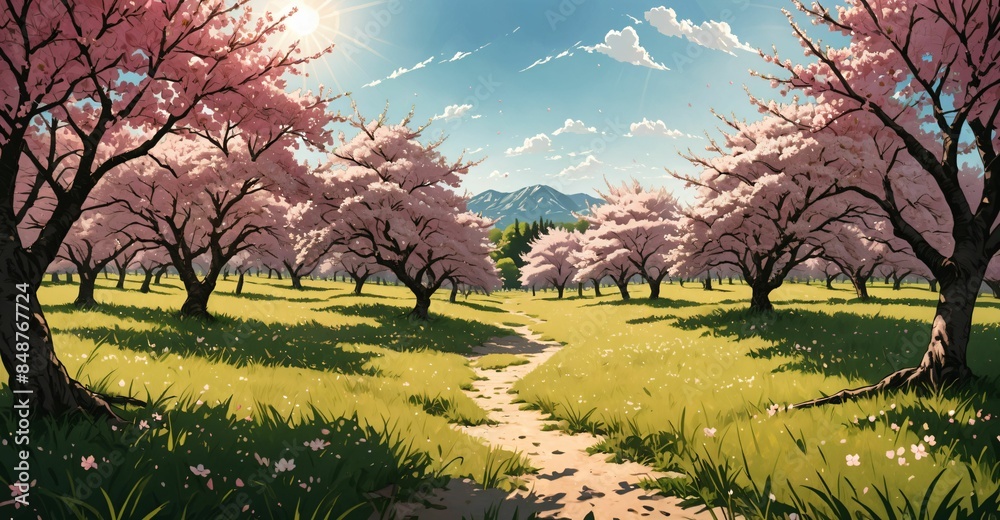 Obraz premium sakura blossom trees blooming in sunny park meadow tree orchard. nature landscape tree and mountain template background.