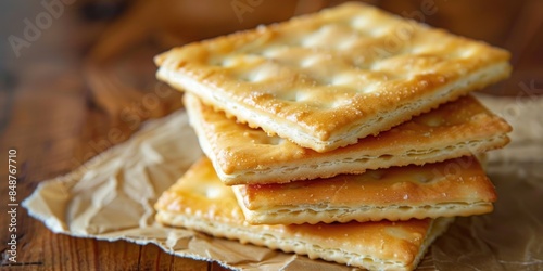 Stack of golden-brown salted crackers, and placed on a wooden table