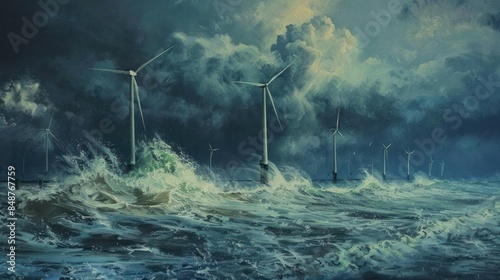 Dramatic seascape featuring wind turbines during a stormy night with turbulent waves and dark clouds, highlighting renewable energy in harsh conditions. photo