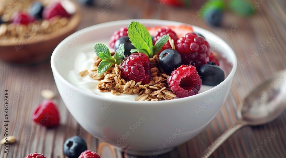 Greek yogurt with berries and granola in a bowl Greek yogurt with berries and granola in a bowl