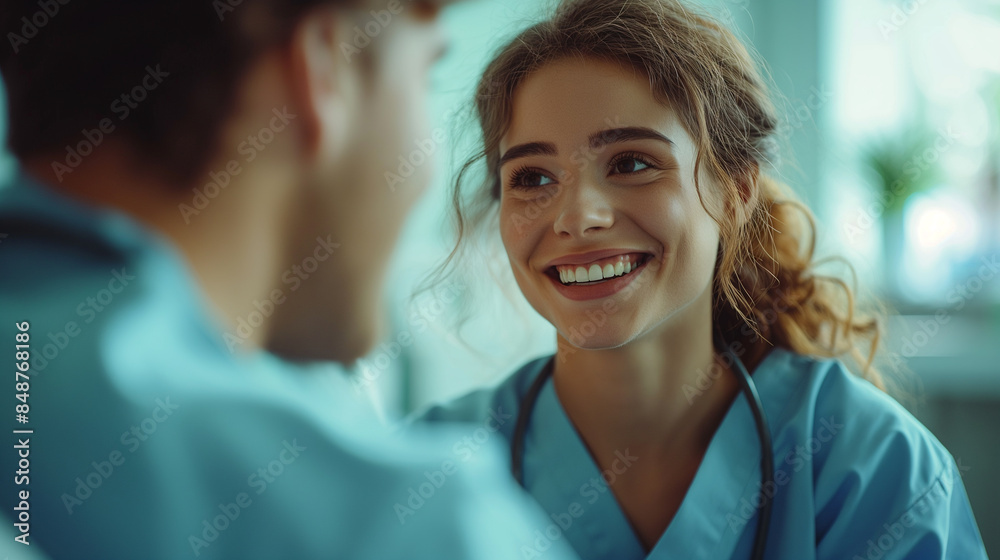 Fototapeta premium Female doctor smiling in front of colleague. ai generated