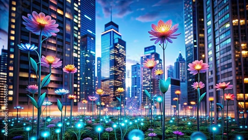 Beautiful glowing flower plants growing on city buildings representing digital technology, digital, technology, glowing, flower