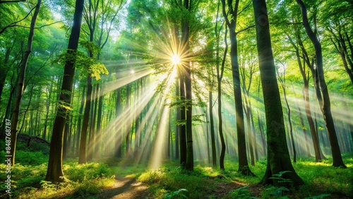 Rays of sunlight shining through lush green forest trees, sunlight, forest, nature, trees, landscape, bright, rays, sun © mahat