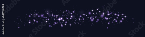 Purple glittering dots, particles, stars magic sparks. Glow flare light effect. Violet luminous points. Vector particles on black background.