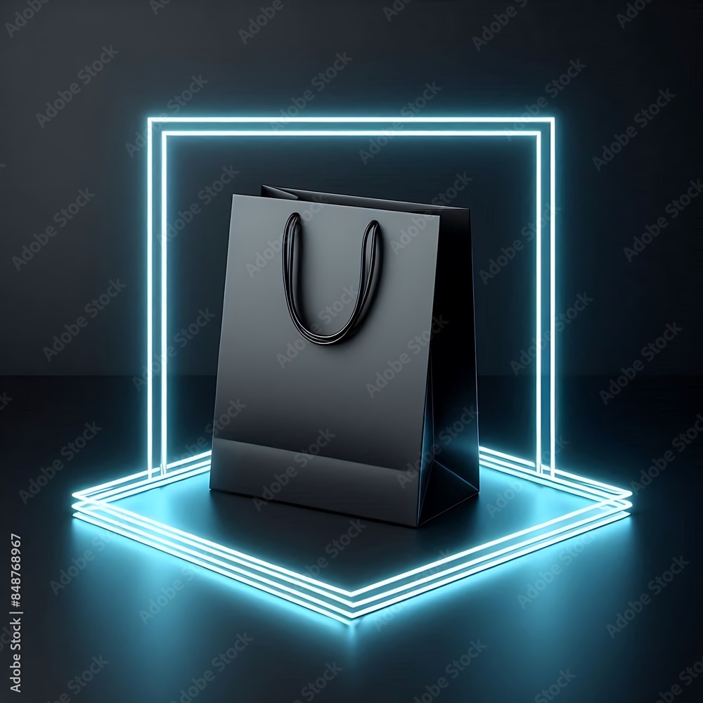 mockup photography of a blank, designed black paper shopping bag isolated on a neon, LED, futuristic background perfect for Black Friday. mockup photography of a blank, designed black paper shopping bag isolated on a neon, LED, futuristic background perfect for Black Friday.
