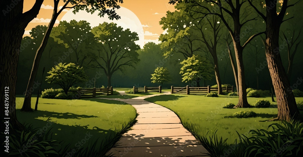 Fototapeta premium park in woods summer. sidewalk with forest trees, grass, and rocks. green meadow prairie path with cabin lodge and gazebo with sunrays.