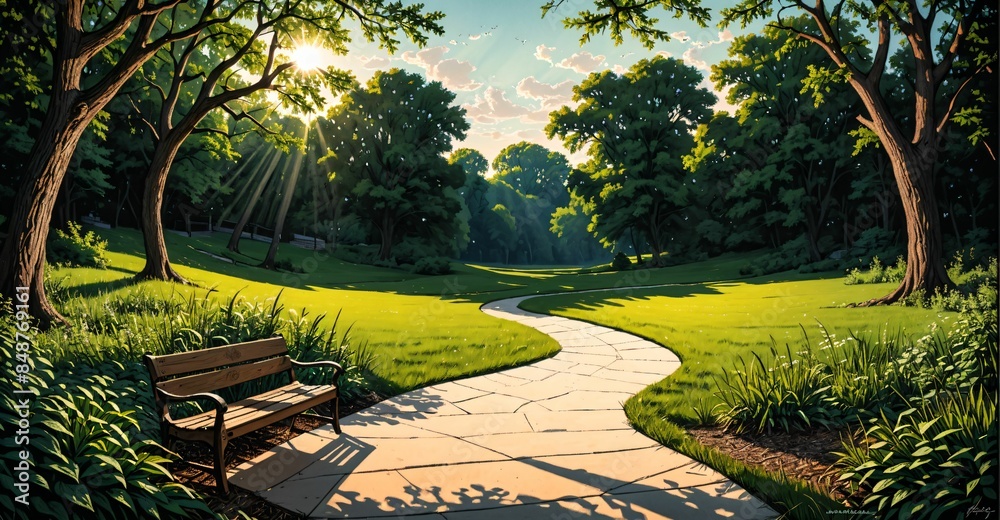 Fototapeta premium park in woods summer. sidewalk with forest trees, grass, and rocks. green meadow prairie path with cabin lodge and gazebo with sunrays.