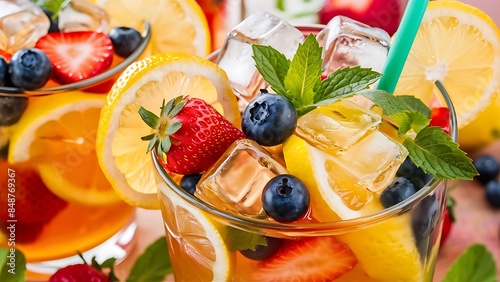 Homemade lemonade ice tea colorful icetea drink with fresh sweet fruits mint leaves in glass on the rocks with straw photo