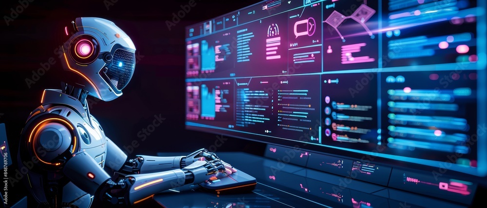 Futuristic robot analyzing data on multiple computer screens in a high-tech environment, showcasing advanced technology and AI capabilities. Futuristic robot analyzing data on multiple computer screens in a high-tech environment, showcasing advanced technology and AI capabilities.