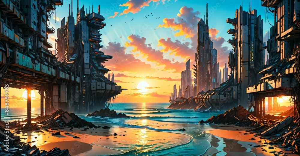 Naklejka premium dystopian sci fi city ocean sunset. cyberpunk science fiction buildings on sea beach shore. tropical metropolis urban coast shoreline.