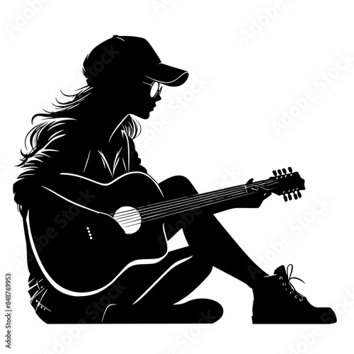 Silhouette musician playing guitar, guitarist woman playing guitar