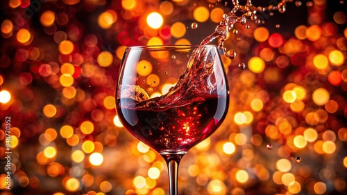 Splashing red wine glass close up on vivid bokeh background , splashing, red wine, glass, close up, vivid, bokeh, background