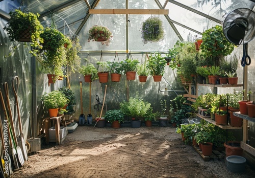 An interior shot of a greenhouse featuring hanging plants and potted herbs, with gardening tools neatly arranged