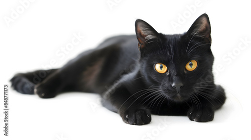 Bombay cat with sleek black fur isolated on white background, showcasing its striking eyes
