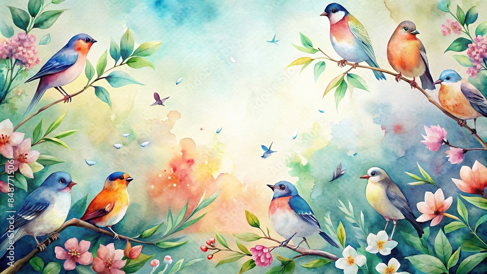 Beautiful background with watercolor birds , birds, flying, nature, colorful, artistic, design, backdrop, wildlife