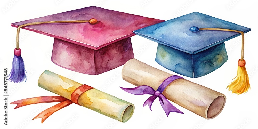 Illustrazione Stock Watercolor clipart set of graduation caps and ...
