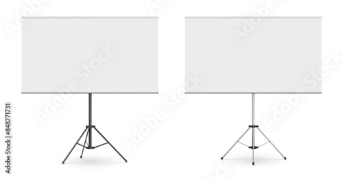 Black metallic tripod with whiteboard for presentation. Realistic 3d vector mockup of blank flipchart on metal stand for business and education seminar. template of empty portable projector screen.
