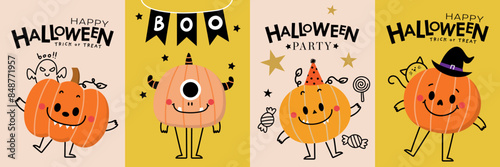 Happy halloween greeting card with cute monster pumpkin and ghost. Holidays cartoon character. -Vector