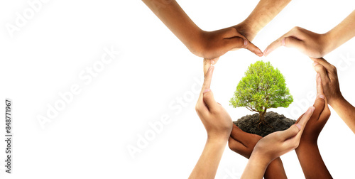 Earth day and earthday as group of diverse people joining to form heart hands connected together protecting the environment and promoting conservation and climate change issues as an image.