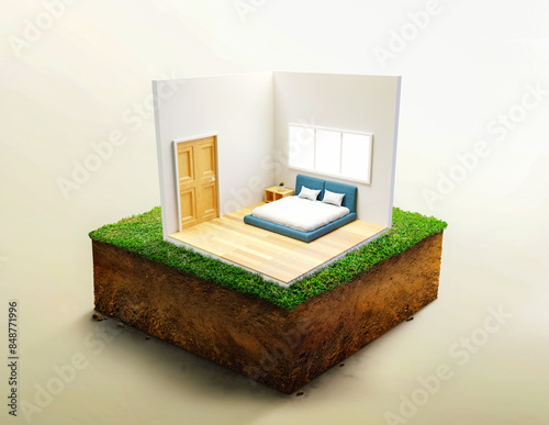 House structure, bedroom on tiny earth land with green grass in real estate sale or property investment concept. ground ecology isolated on light color. housing concept. 3d illustration.