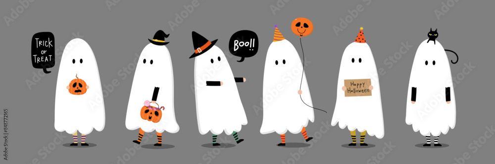Obraz premium Happy halloween party greeting card with cute ghost and fancy hat. Holidays cartoon character. -Vector