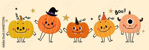 Happy halloween greeting card with cute monster pumpkin and ghost. Holidays cartoon character. -Vector