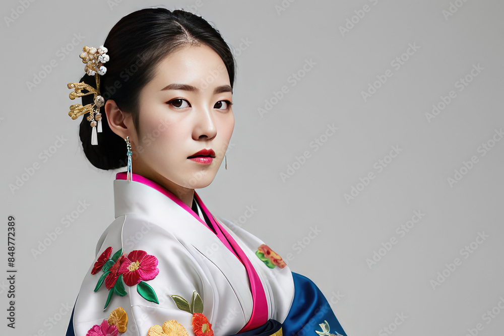 Korean woman clad in a richly embroidered traditional Hanbok Korean woman clad in a richly embroidered traditional Hanbok