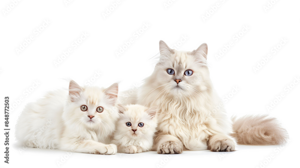 Three Angora cats with fluffy white fur isolated on white background, showing their elegant posture Three Angora cats with fluffy white fur isolated on white background, showing their elegant posture