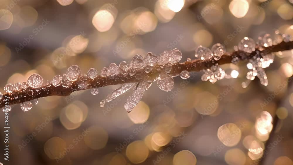 A closeup of a tree branch covered in thin layers of frozen dew each drop catching the light and sparkling like diamonds.