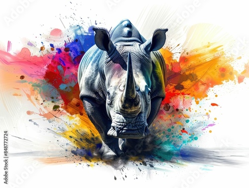 Powerful rhinoceros with a majestic horn surrounded by a vibrant burst of colorful paint like splashes and textures on a clean  abstract background  This striking photo