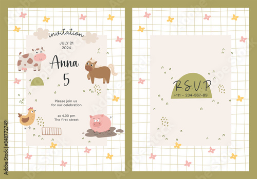 Baby farm invitation printable template. Child, greeting with farming animals. Vector nursery rural illustrations.