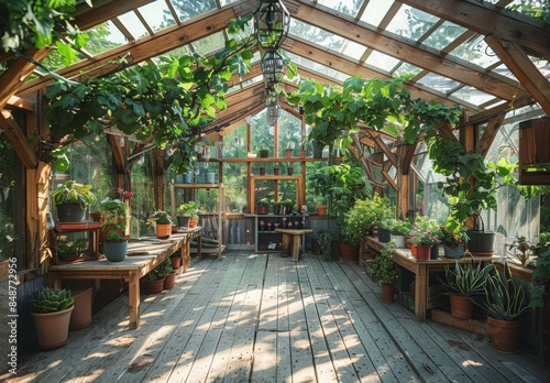 A rustic greenhouse with wooden frames and overgrown vines, exuding a charming, vintage feel
