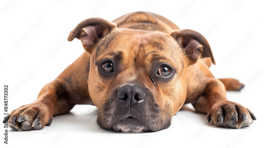 Obraz premium Muscular Staffordshire Bull Terrier dog isolated on white background, showcasing its strength and friendly demeanor