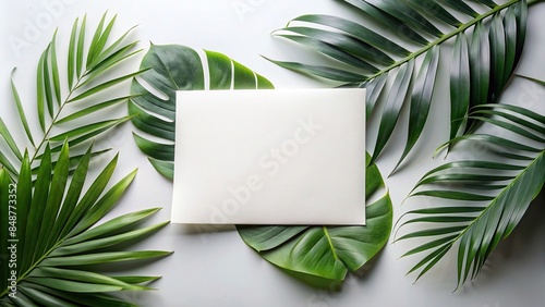 Elegant blank invitation card mockup with tropical leaves on plain background, invitation, card, mockup, elegant