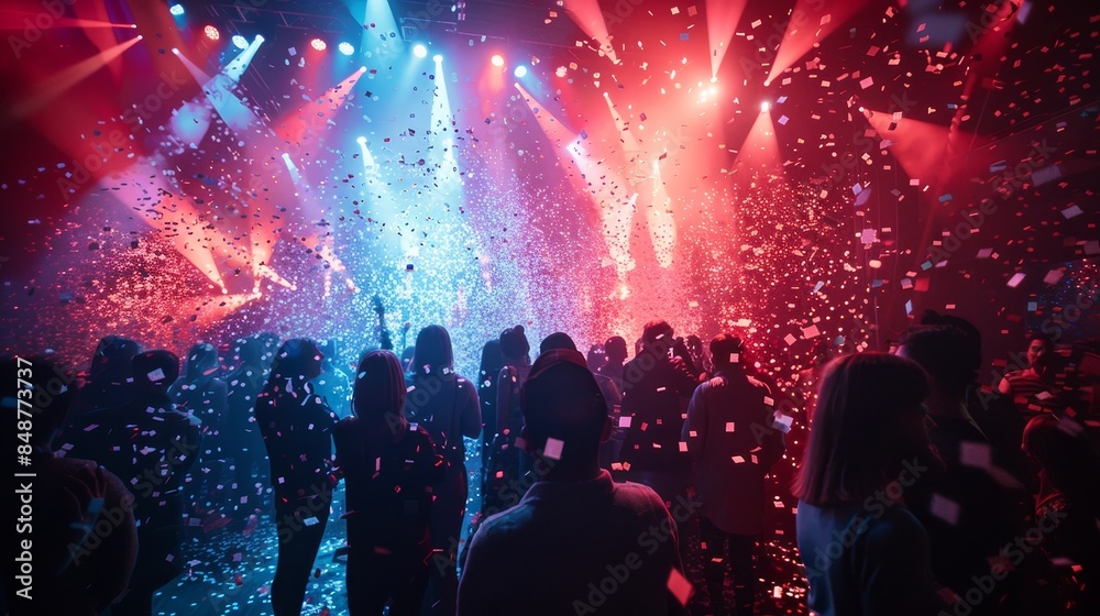 Vibrant concert scene with colorful lights and confetti, capturing the energy and excitement of live music and audience engagement. Vibrant concert scene with colorful lights and confetti, capturing the energy and excitement of live music and audience engagement.
