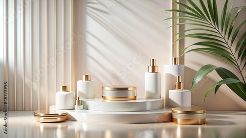 Luxurious minimalist table podium for displaying beauty products, luxury, minimalist, table, counter, podium, plate, display © rattinan
