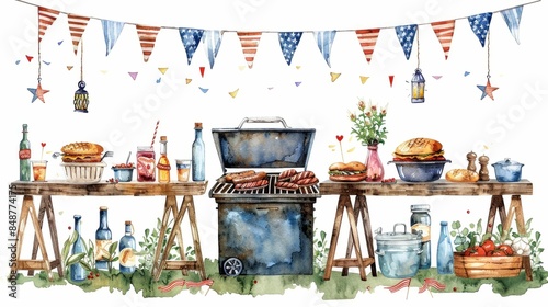Watercolor depicting a classic American backyard barbecue party setup  with grilled food  American flags  and festive like banners  bunting  and stars and stripes