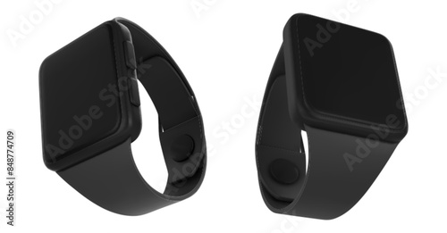 Smartwatch with blank screen and black wrist band side angle view. Realistic 3d vector set of electronic gadget mockup. Wearable intelligent wristwatch accessory for business and health care