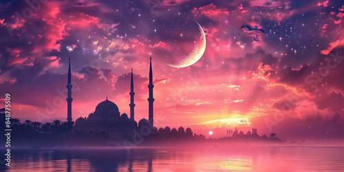 Red and violet mosque illustration with sunset sky