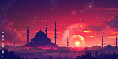 Red and violet mosque illustration with sunset sky