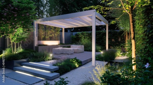 a tranquil outdoor garden with minimalist landscaping and a white canvas pergola, creating a peaceful retreat for meditation and reflection © Goeth