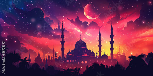 Red and violet mosque illustration with sunset sky