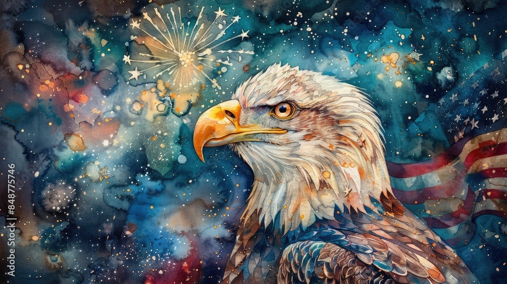 Obraz premium Majestic patriotic watercolor of a bald eagle with an American flag and vibrant fireworks bursting in the background symbolizing national pride freedom and independence