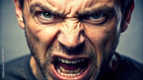 A close-up of a person's face visibly burning with anger , furious, upset, rage, irate, seething, incensed, annoyed, mad photo