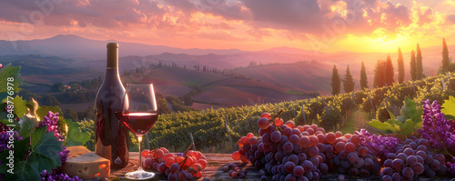 Banner of glasses fresh red wine with grapes, cheeses, bottle and barrel on a sunset background in Toscane. Italy vineyard and agritourism. Wine shop or wine tasting concept with copy space AI photo