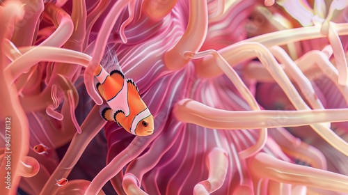 Close-up of a clownfish nestled in the vibrant tendrils of a pink sea anemone, symbiotic comfort. photo
