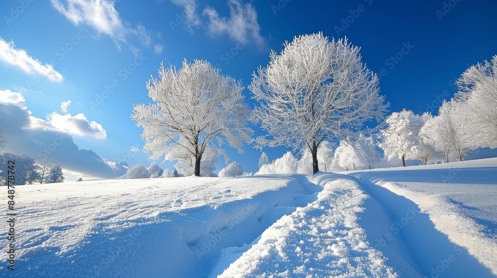 Serene Winter Wonderland: Snowy Field with Frosty Trees, Blue Sky, and Fresh Snow - Scenic, Peaceful, and Picturesque Nature Landscape Serene Winter Wonderland: Snowy Field with Frosty Trees, Blue Sky, and Fresh Snow - Scenic, Peaceful, and Picturesque Nature Landscape