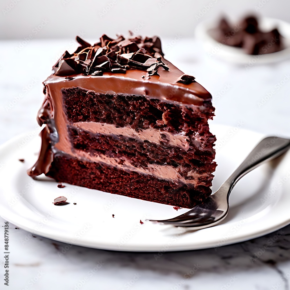 Close-up of Slice of Chocolate Cake with Rich Frosting and Fork on White Plate
Close-up of Slice of Chocolate Cake with Rich Frosting and Fork on White Plate