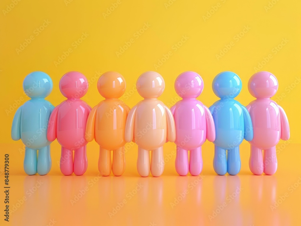 Diverse group of 3D business figures or icons on a pastel yellow background symbolizing collaborative efforts within a corporate or professional setting Diverse group of 3D business figures or icons on a pastel yellow background symbolizing collaborative efforts within a corporate or professional setting