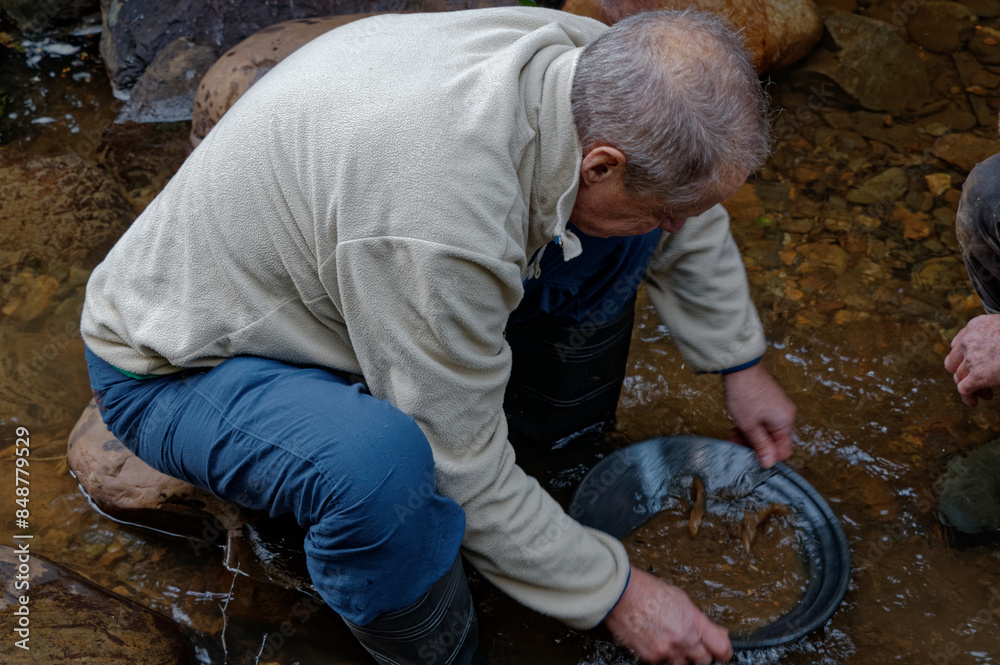 A man looks at his gold pan for gold A man looks at his gold pan for gold